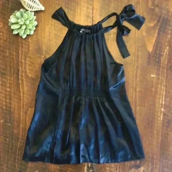BCBG Maxazria | Beautiful 100% Silk Black Peplum, Tie Halter Top - Picture 1 of 5